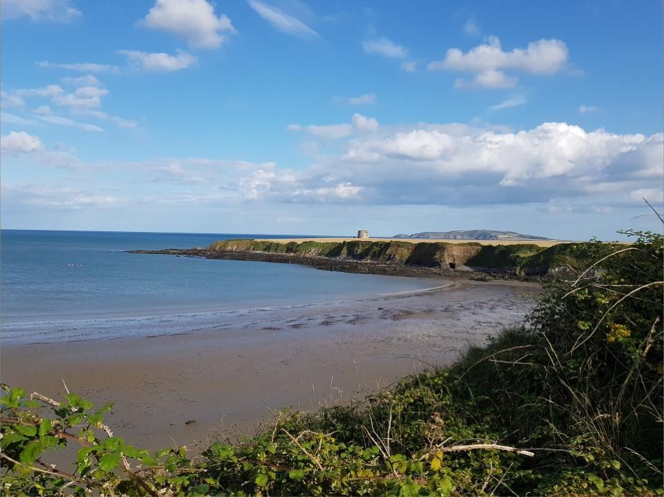Loughshinny beach at low tide with the Martello tower on Drumanagh headland