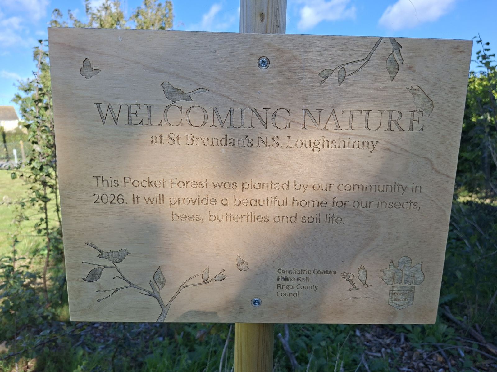 The Welcoming Nature sign at our pocket forest